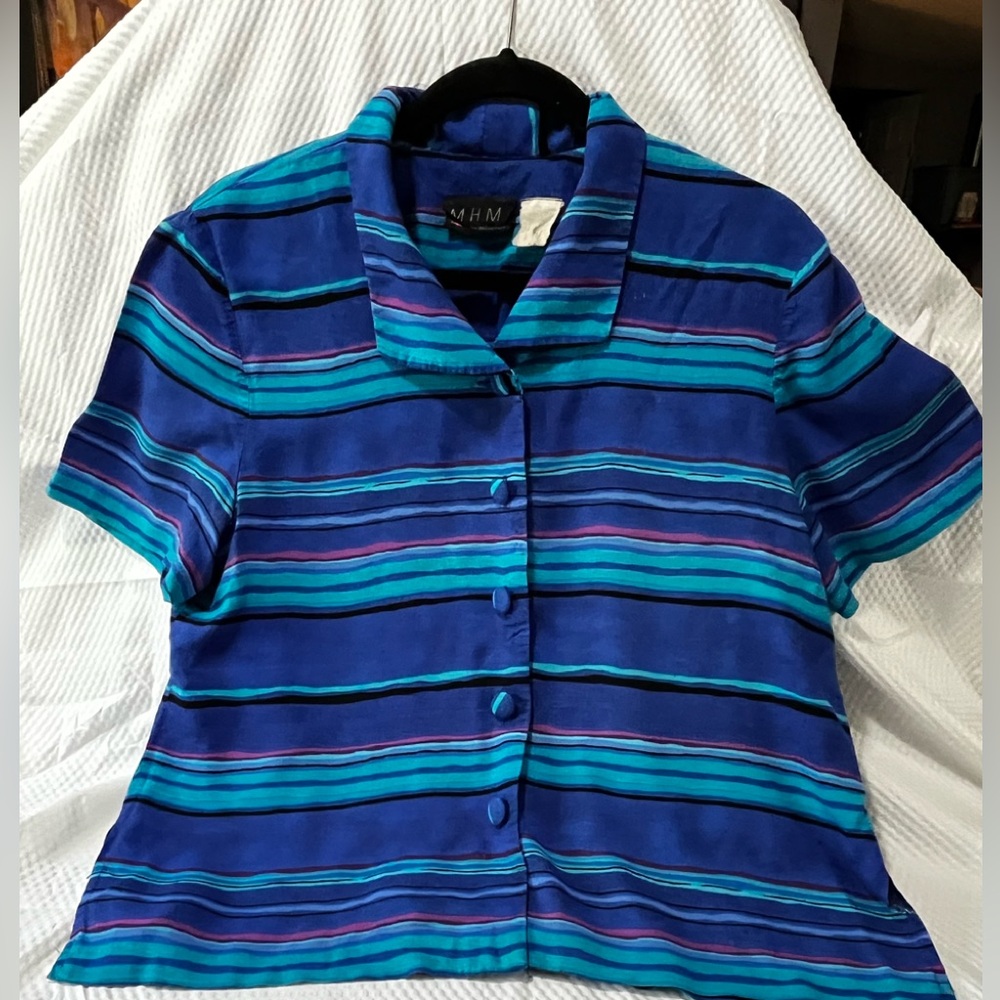 MHM vintage 80/90 Women's Blue Striped Top Single Stitch M